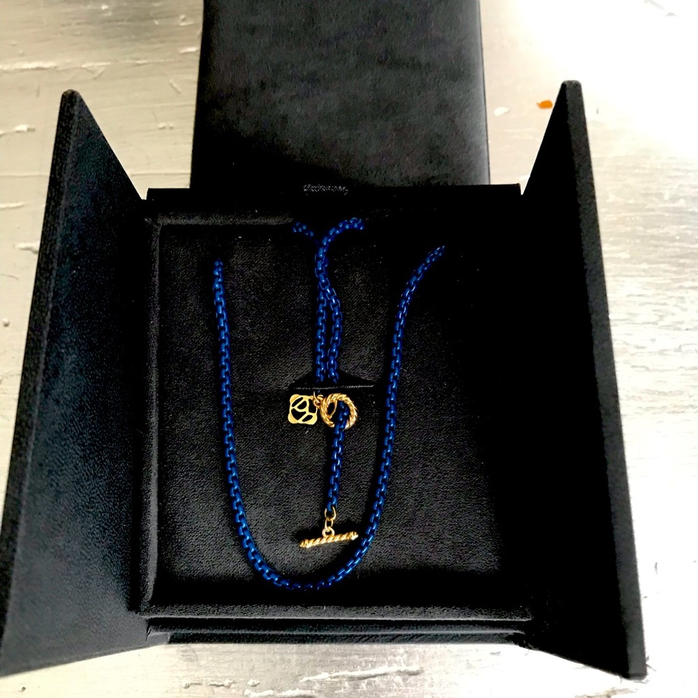 David Yurman Bel Aire chain necklace in navy with 14k gold accents. 41 inches